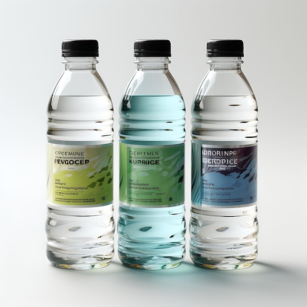 Photo cosmetic mockup of transparent plastic bottles highlight the transpar creative collection designs