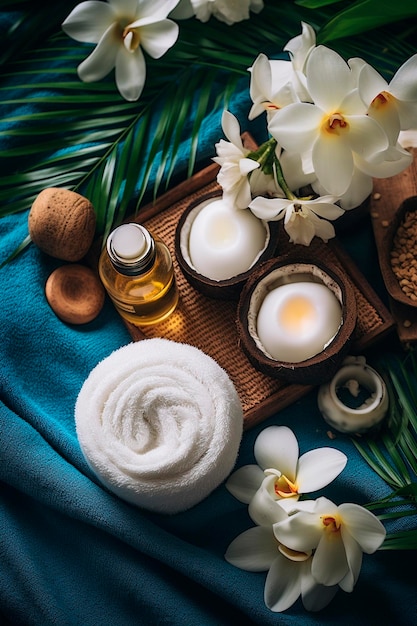 Foto oli cosmetici asciugamani e fiori sfondo spa generativa ai spa