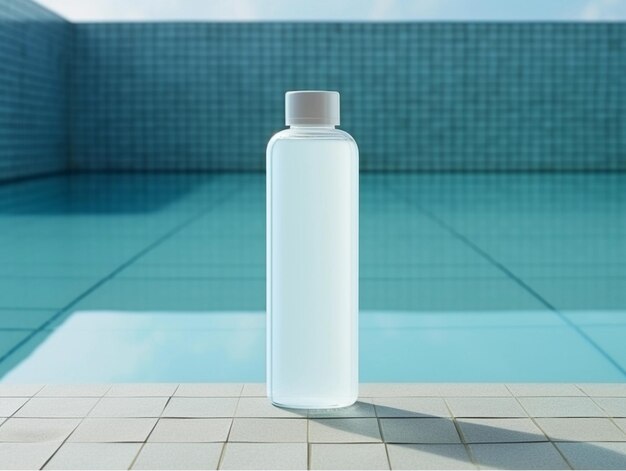 A cosmetic photography of an essential bottle in the swimming pool