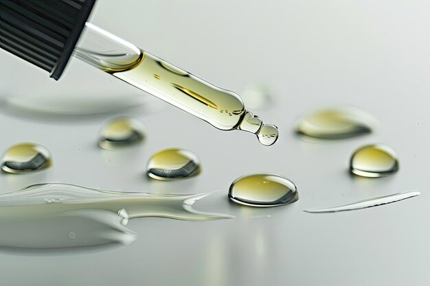 Photo cosmetic pipette with drops of cosmetic oil close up on a white background