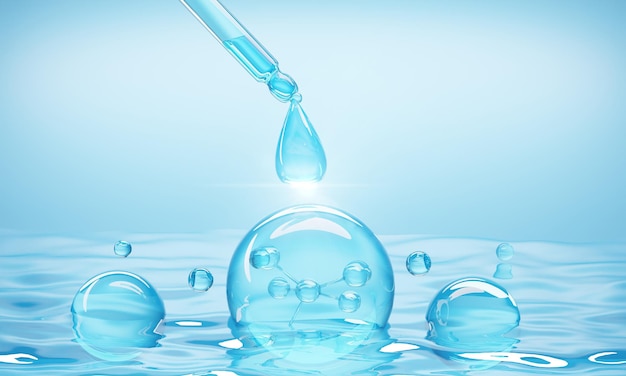 Cosmetic pipette with molecule inside serum liquid drop on\
water background 3d rendering