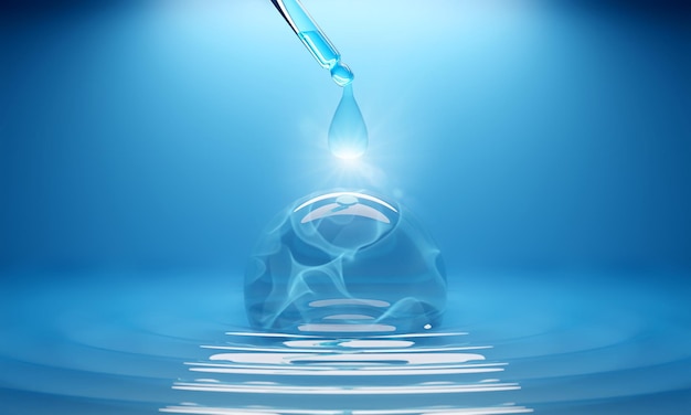 Cosmetic pipette with molecule inside serum liquid drop on\
water background 3d rendering