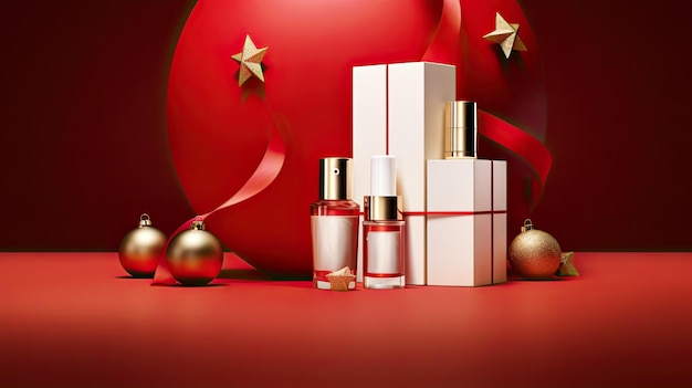 a cosmetic podium adorned with a gift box wearing Santas hat skincare essentials including water and oilbased serums with retinol and hyaluronic acid drops in a minimalist modern style