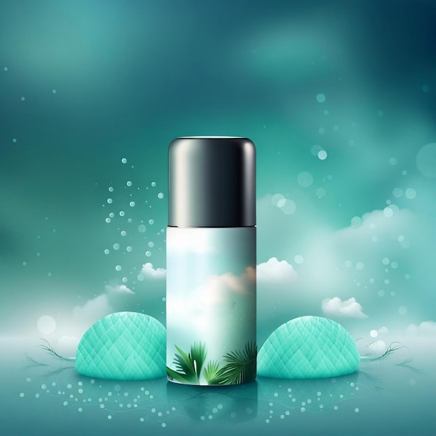 Cosmetic product on blue background with green leaves Vector illustration