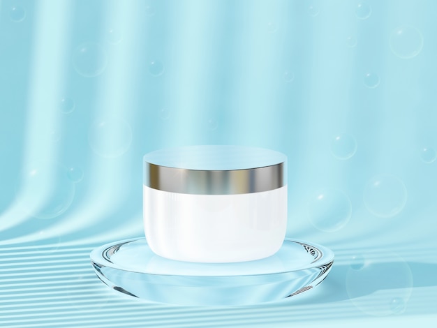 cosmetic product on the circle podium with pastel blue background.3d rendering.cosmetic minimal concept