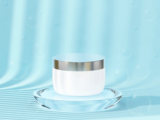 Cosmetic product on the circle podium with pastel blue background.3d rendering.cosmetic minimal concept