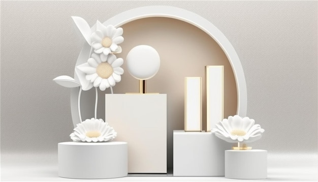 Photo cosmetic product display podium with white flowers 3d rendering