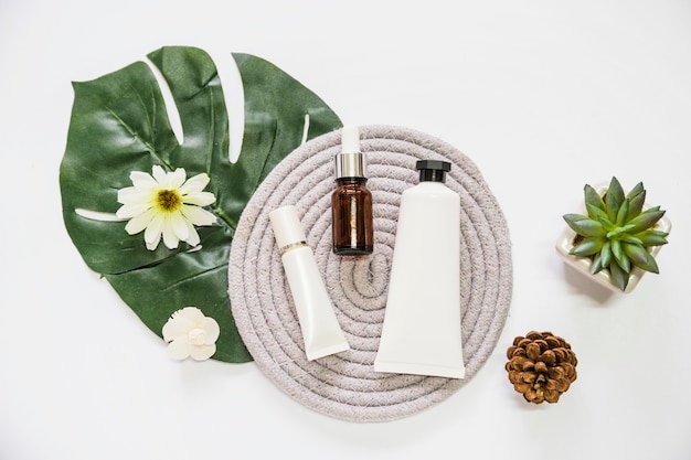 Cosmetic product and essential oil bottle on rope coaster with flower; leaf; pinecone and cactus plant