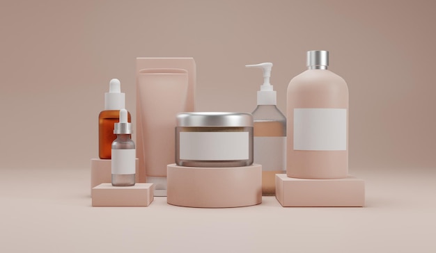 Cosmetic product mockups on geometric podiums with background for presentation of cosmetic