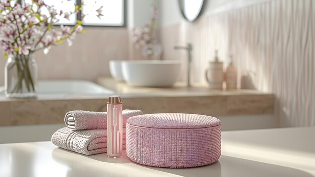 Cosmetic product and towel on table