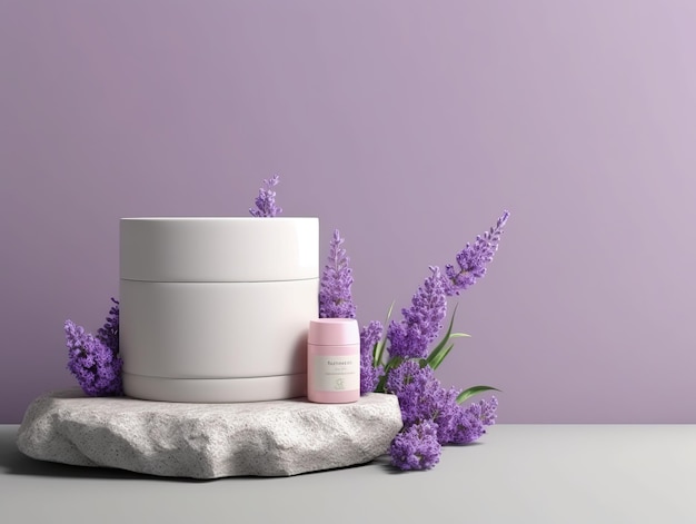 Photo cosmetic product with lavender flowers abstract mock up
