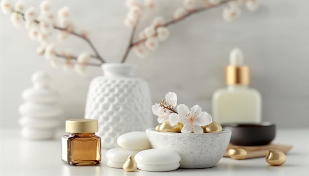 Cosmetic products for body care are displayed beautifully in elegant soft light in a white bathroom interior with a modern style selective focus Generative AI