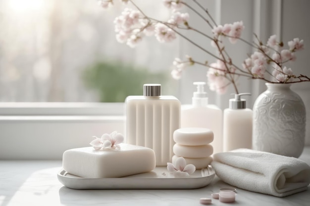 Cosmetic products for body care are displayed beautifully in elegant soft light in a white bathroom interior with a modern style selective focus Generative AI