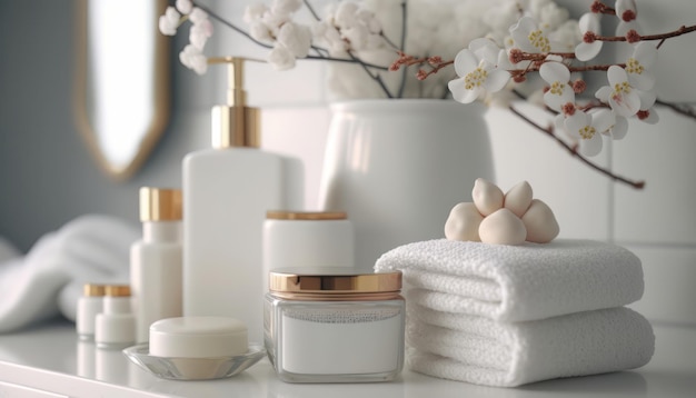 Cosmetic products for body care are displayed beautifully in elegant soft light in a white bathroom interior with a modern style selective focus Generative AI