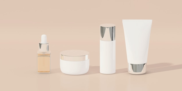 Cosmetic products on the pastel brown background.3d rendering.cosmetic minimal concept