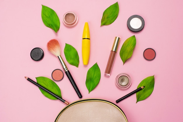 Cosmetic products on the pink background