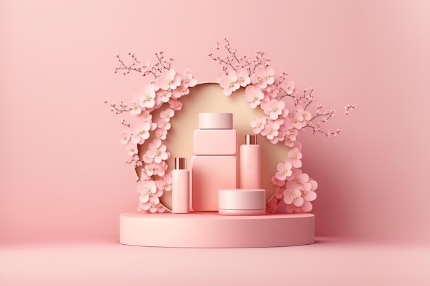 Cosmetic products set on round podium for product display pink background with cherry blossoms Generative AI illustration