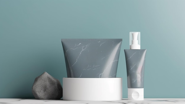 Cosmetic products on white marble podium with mint background Generative AI