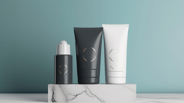 Cosmetic products on white marble podium with mint background Generative AI