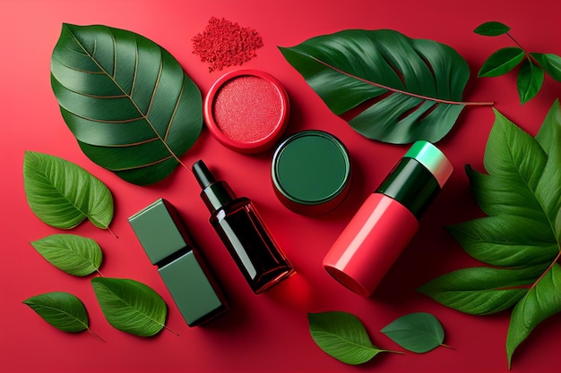 Cosmetic products with green leaves on red background 3d rendering generative ai