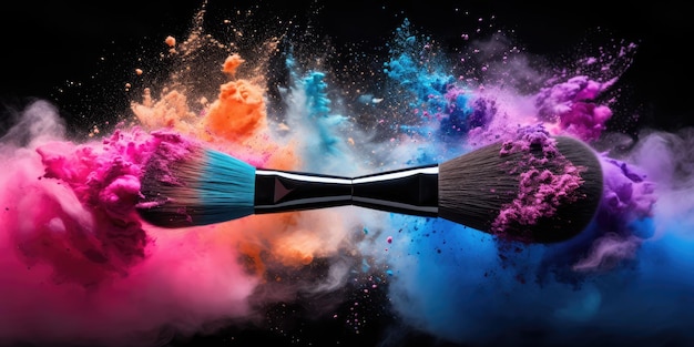 Foto pennelli da trucco professionali cosmetici e pennelli con polveri esplosive colorate in movimento isolate