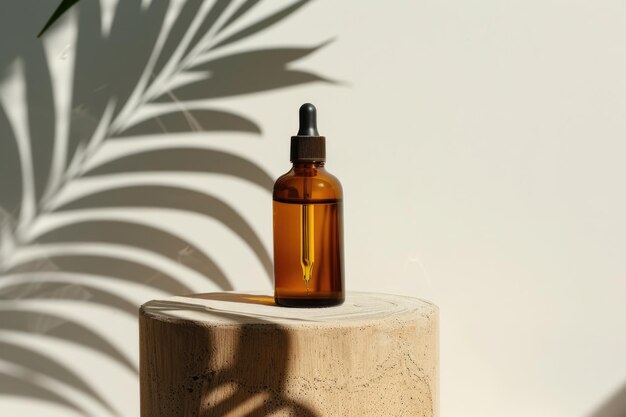 Photo cosmetic serum bottle mockup on minimalist background with palm shadow