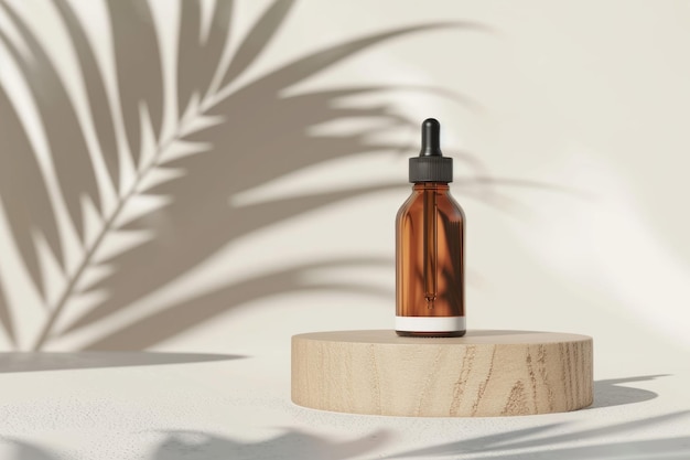 Photo cosmetic serum bottle mockup on minimalist background with palm shadow