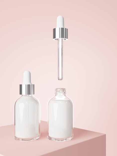 Cosmetic serum dropper bottles on podium with pink background 3D render care product packagin