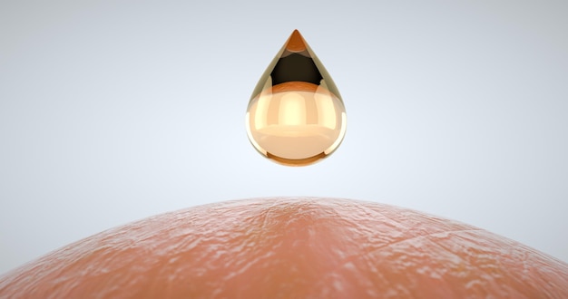 Фото Капля масла косметической сыворотки на сухой коже, клетки кожи, восстанавливающий увлажняющий крем, коллагеновая сыворотка, 3d рендеринг