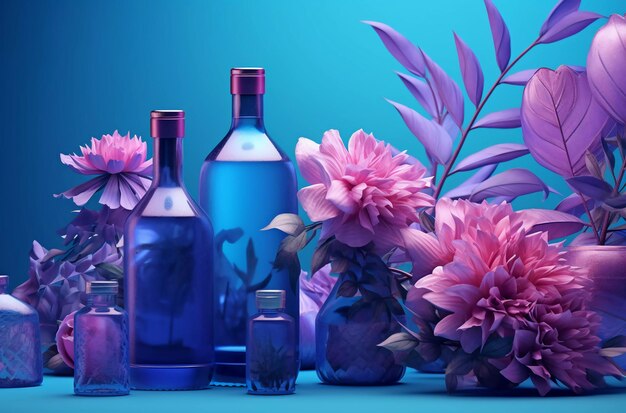 紫のバイオレットと蘭の生成 AI を含む青いボトルの化粧品セット