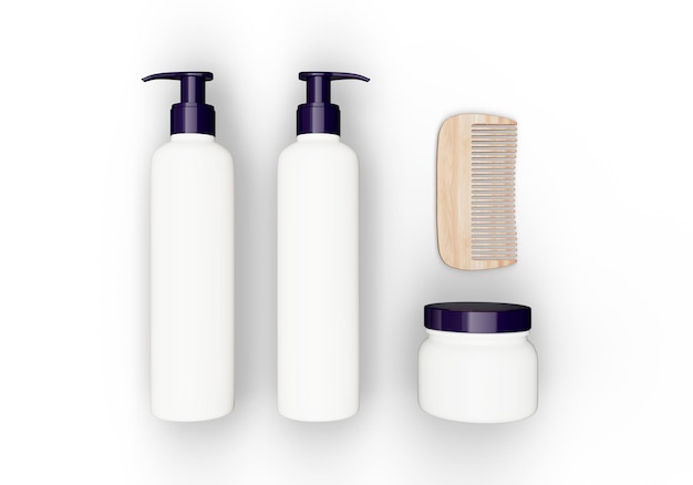 Косметический набор для ухода за волосами из шампуня и расчески Mockup изолирован на белом фоне