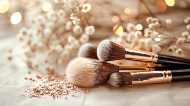 Cosmetic set for makeup natural brush collection detailed presentation beauty focus highresolution softfocus effect AI Generative