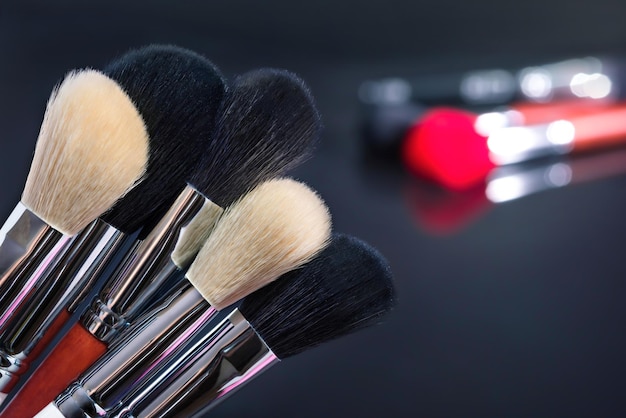 A cosmetic set of various brushes for a makeup close up