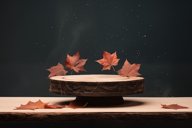 가을 테마와 함께 별 아래의 화장품 쇼케이스 제품 디스플레이 메이플 리프 데코와 함께 나무 스탠드