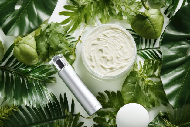 Cosmetic skin care products on green leaves Creative design concept