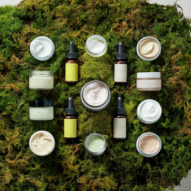 Photo cosmetic skin care products on green moss natural background