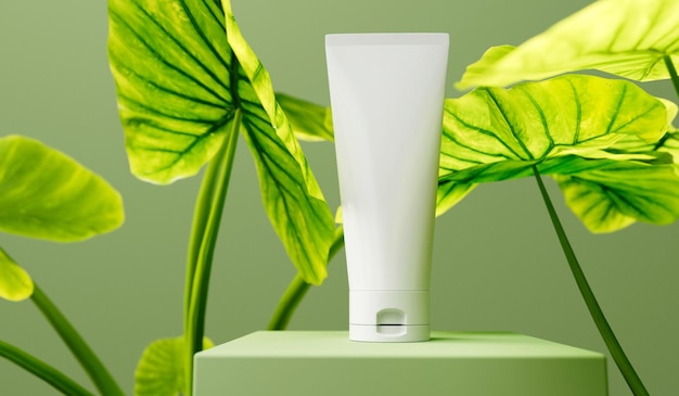 Cosmetic tube product mock up Beauty skin care packaging with tropical leaves 3D Rendering