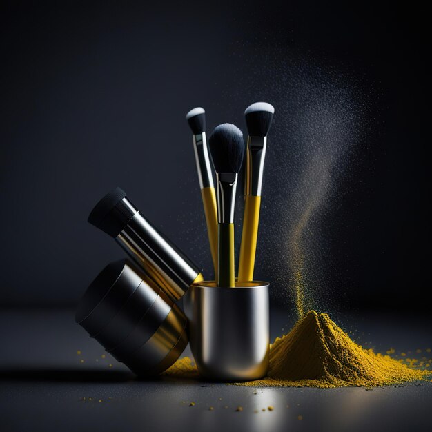 Cosmetic with details yellow powder on dark background