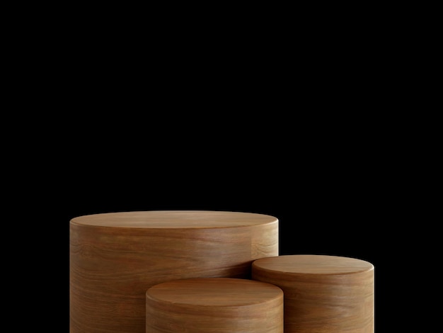 Cosmetic wood podium isolated in black background Template for product presentation 3d rendering