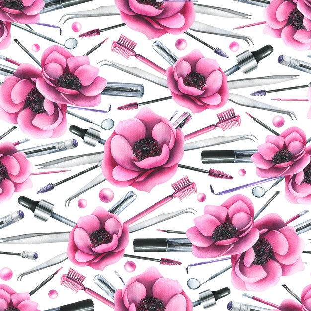 Cosmetica en borstels voor ogen en wenkbrauwen buizen met roze anemoon bloemen Aquarel illustratie hand getekend Naadloos patroon op een witte achtergrond Voor wimperverlenging en laminering