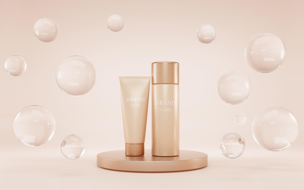 Cosmetica flessen op podium met heldere waterdruppels op beige achtergrond mock up banner Make-up huid foundation buizen of bbcream op gouden ronde fase product advertentie display Realistische 3d illustratie