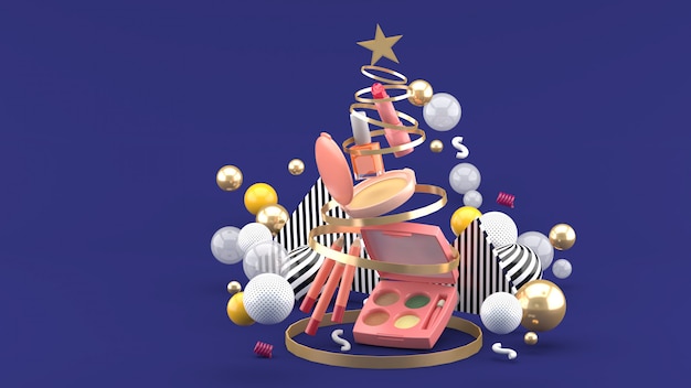 Cosmetica in een kerstboom ribbonmid kleurrijke ballen op paars. 3D-weergave.