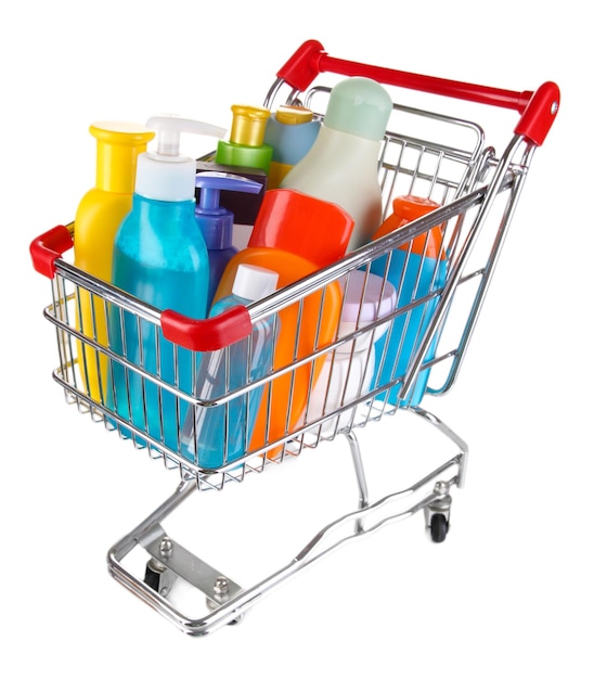 Cosmetica in een wagen geïsoleerd op wit