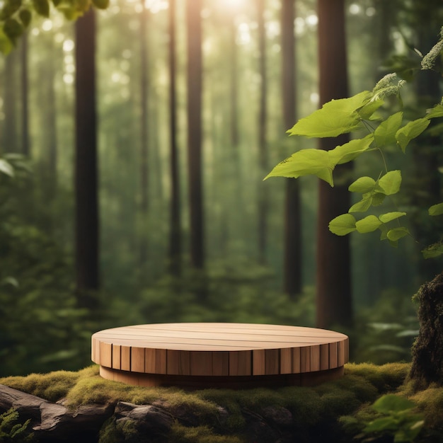 Cosmetica product reclame staan tentoonstelling houten podium op bos achtergrond