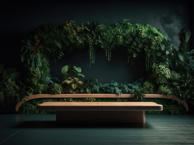 Foto cosmetica product reclame staan tentoonstelling houten podium op groene achtergrond met bladeren en sha