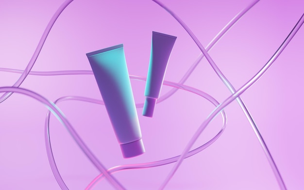 Cosmetica schoonheidsproduct advertentie plastic witte buizen in neonlicht Lege verpakking mockup met abstracte transparante geometrische lijnen op roze achtergrond realistische 3d illustratie cosmetische crème huidverzorging