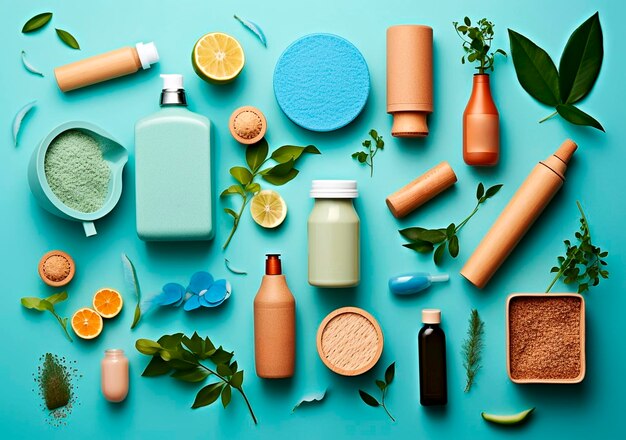 Cosmetica spa branding mockup bovenaanzicht op blauwe achtergrond plaats uw ontwerp ai gegenereerd