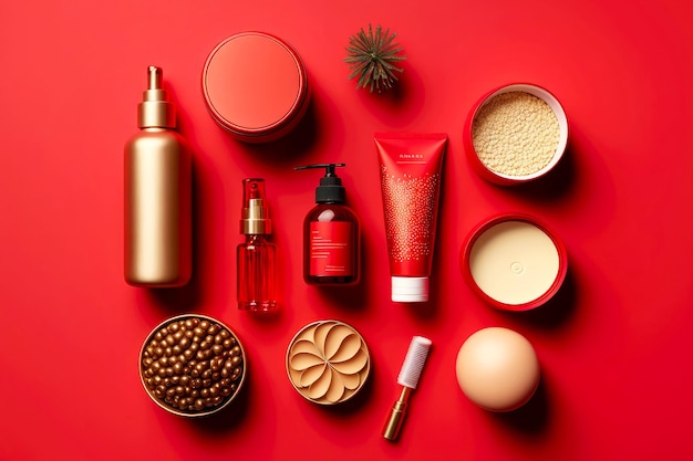 Cosmetica voor kerst make-up op rode achtergrond spa producten flatlay