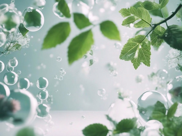 Foto cosmetici sfondo pastello molecole sfondo scientifico laboratorio sfondo foglie di erbe prodotti di bellezza sfondo bolle abstract chimica generativa ai illustrazione