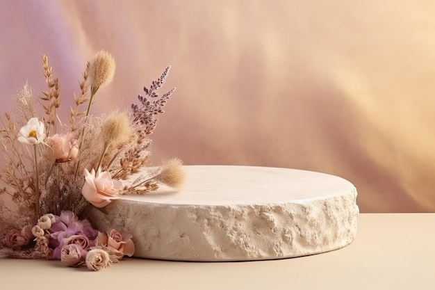 Cosmetics background Stone podium with dried flower bouquet on beige background Front view